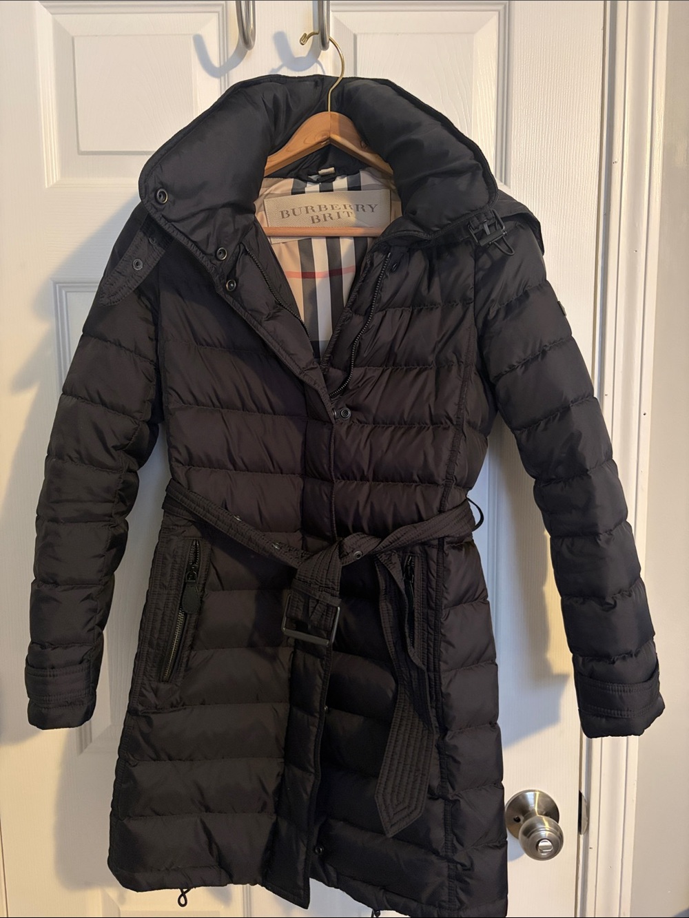 Burberry Black Quilted Hooded Belted Puffer Coat with Signature Check Trim